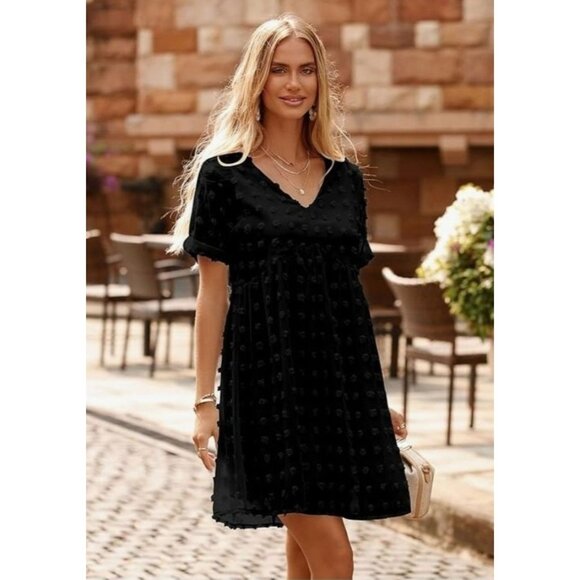 Womens Black Babydoll Short-Sleeve Boho Skater Dress Swiss Dot Pattern Size Med - Picture 3 of 11